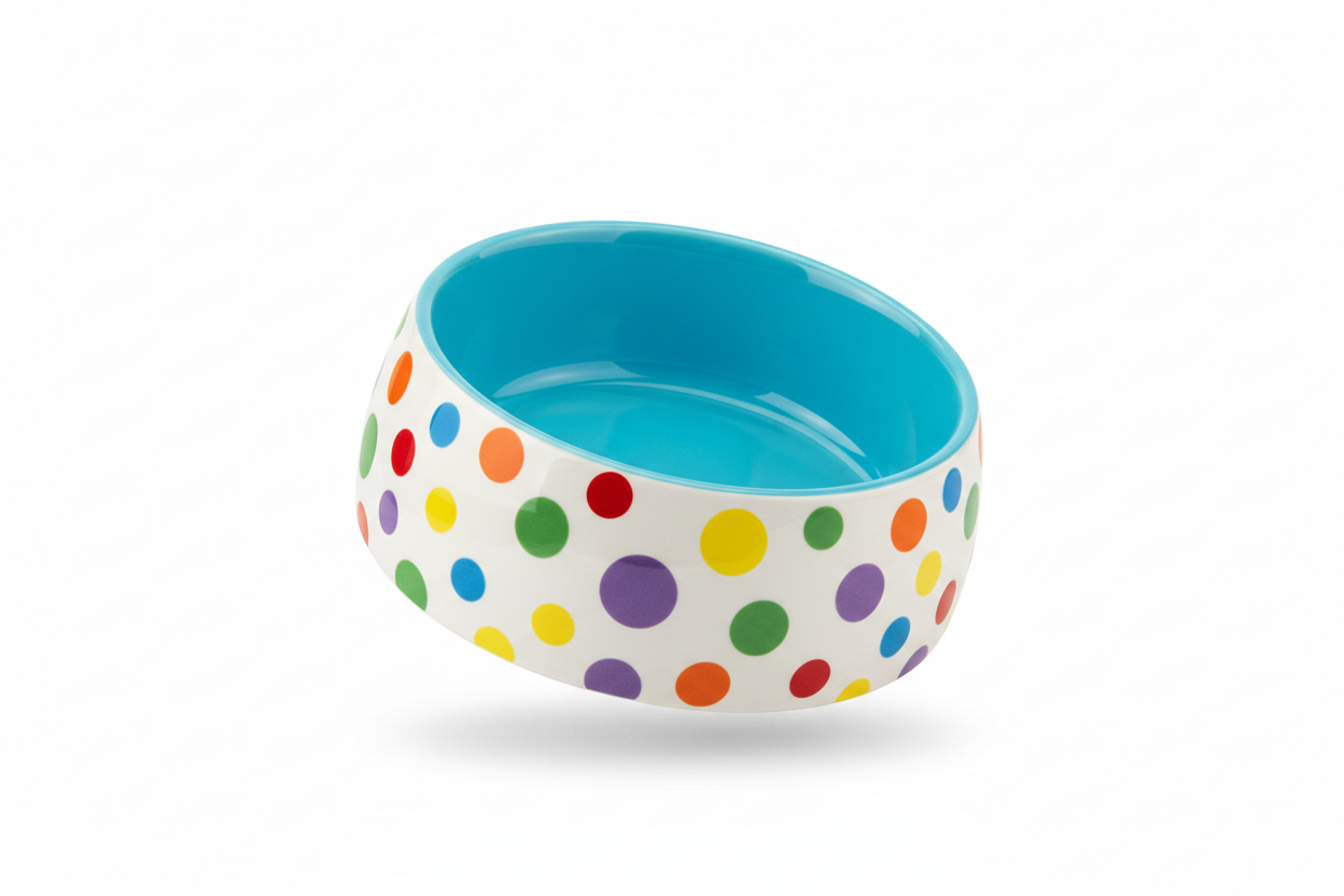 Rainbow polka dot dog bowl